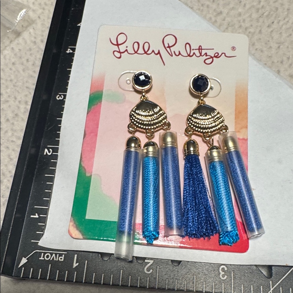 Lilly Pulitzer Gold and Blue Tassel Tube Drop Earrings (BR444) - Picture 4 of 4